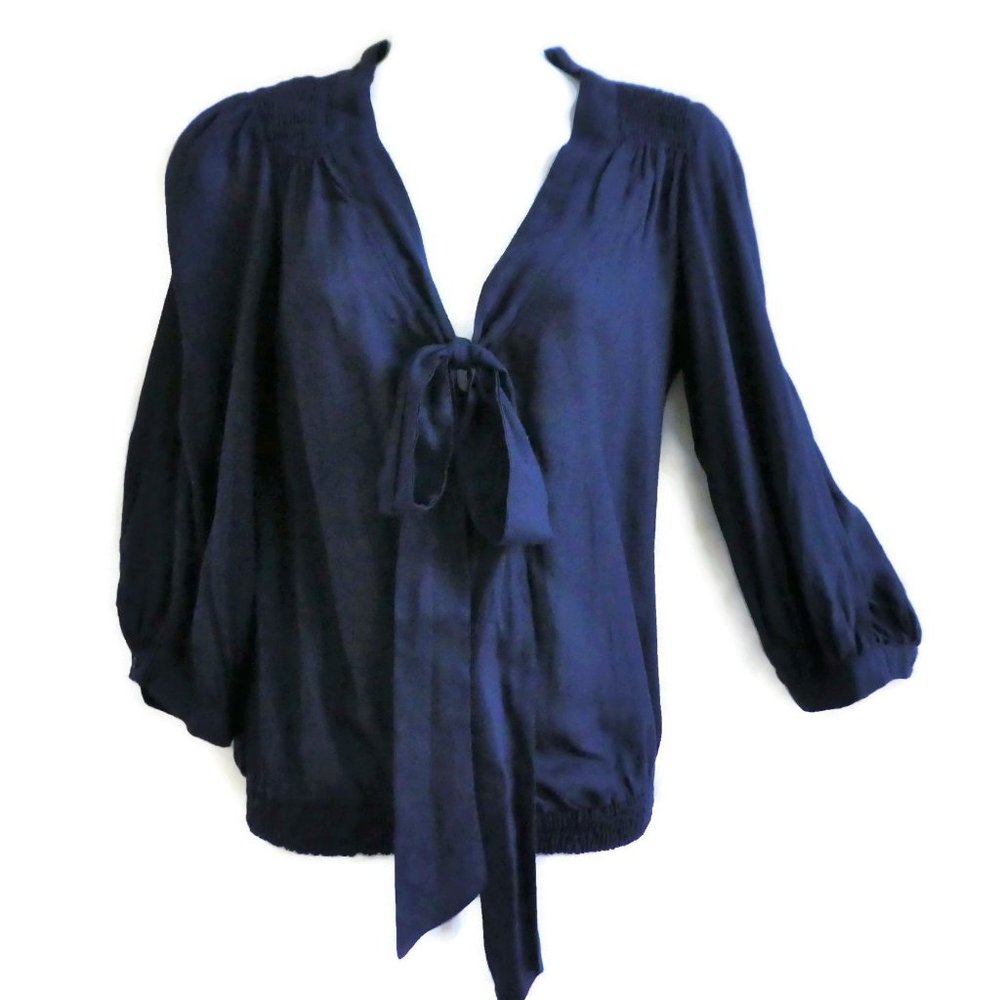Zara TRF Blouse Navy V Bow Smocked Shoulders Waist